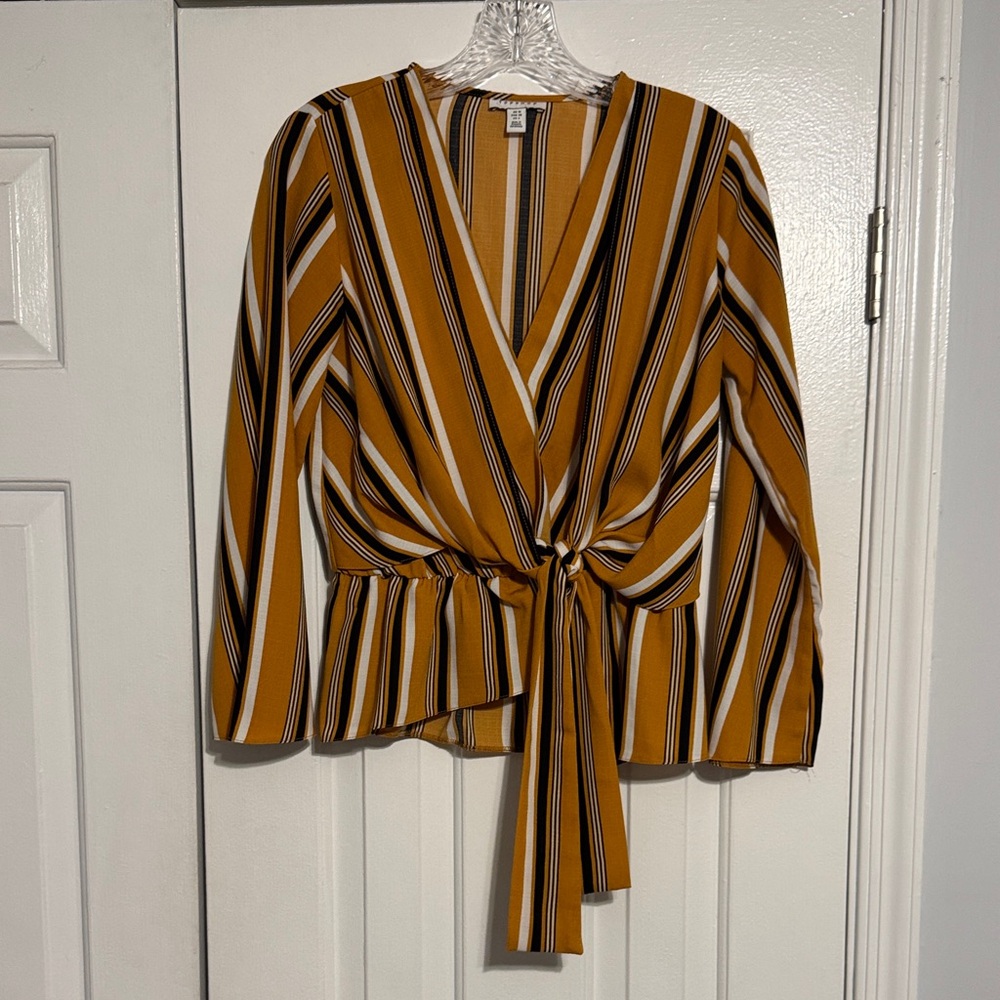Topshop Mustard and Black Striped Wrap Blouse
